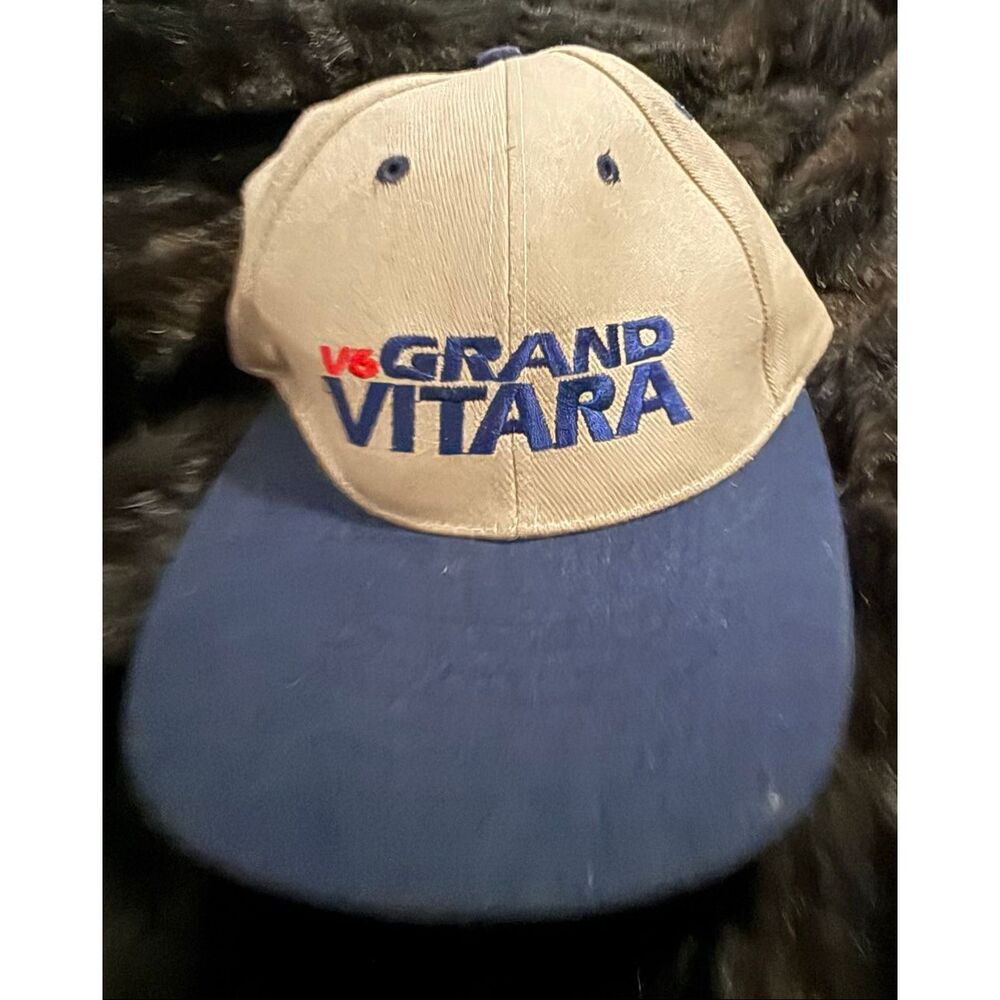 vintage blue and khaki Suzuki Grand Vitara snapback hat with V6 branding